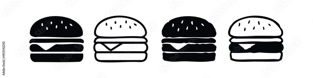 Naklejka premium Hamburger icons set. Fast food burger collection, minimalist flat and outline design.