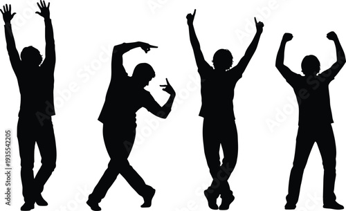 Dancing people silhouette collection, energetic dancer poses isolated black vector illustration showing celebration movement party dance performance figures set