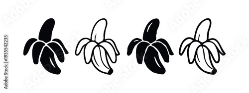 Hand Drawn Monochrome Banana Icons with Peeled and Whole Variations