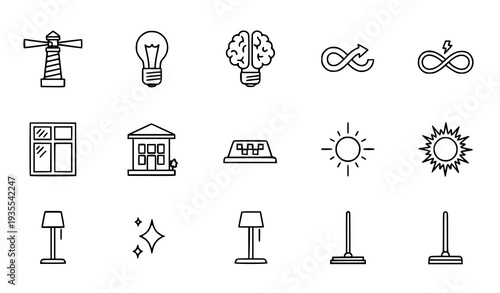 Minimal Thin Line Icon Collection Vector Lighthouse Brain Sun Lamp and Cleaning Tools Outline Set