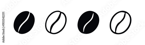 Black and White Coffee Bean Icons. Minimalist Caffeine Seed Silhouettes for Cafe Design.