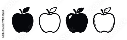 Hand Drawn Style Apple Icons Set in Monochrome with Solid and Outline Versions