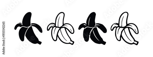 Varied Banana Icons Collection with Solid and Outline Versions in Monochrome