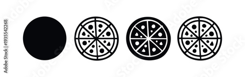 Whole Pizza Icons Set. Italian Food Silhouettes with Toppings and Slices.