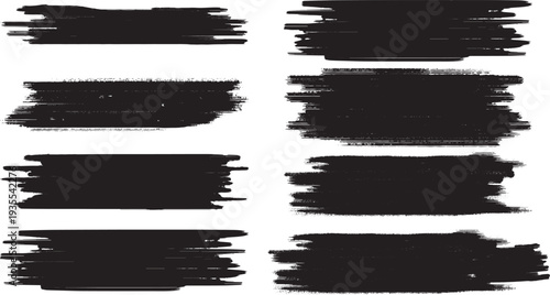 A versatile set of eight hand-drawn black brush strokes or paint swatches, presented on a clean white background. Each stroke features a unique, distressed, and textured grunge effect, ideal for addin