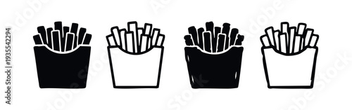 French fries icons set. Fast food potato fries collection, minimalist flat and outline design.