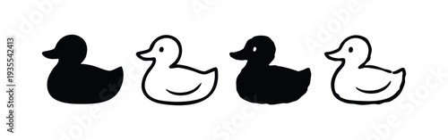 Rubber duck toy icon set, simple bath playtime silhouettes and outlines isolated on white background.