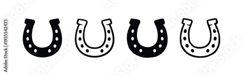 Lucky horseshoe icon set. Black silhouette and outline illustrations of horseshoe symbols.