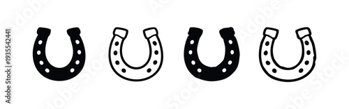 Horseshoe symbols collection. Black silhouette and outline illustrations of lucky horseshoes.