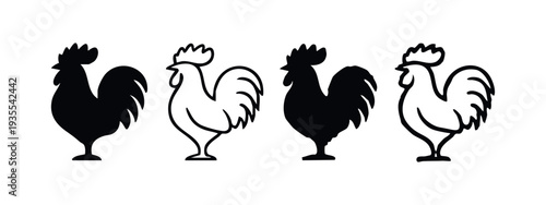 Rooster icon set. Black silhouette and outline illustrations of standing roosters.