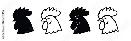 Rooster head icon set. Black silhouette and outline illustrations of chicken heads.