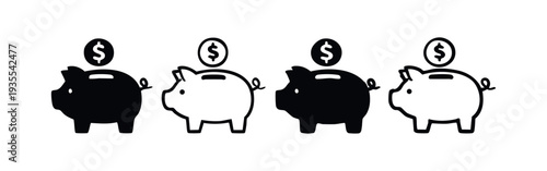 Piggy bank with dollar coin icon set. Black silhouette and outline illustrations of savings.