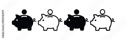 Piggy Bank with Coin Icon Set. Black and white hand drawn style savings symbols.