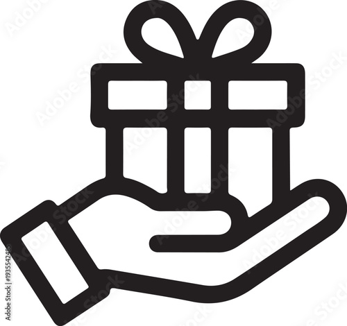hand holding gift box present icon black white outline vector illustration