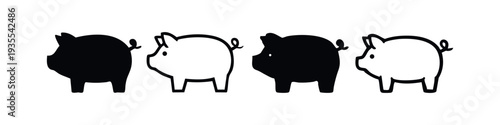 Pig icon set. Black silhouette and outline illustrations of standing pigs.