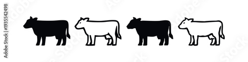 Cow Icon Set. Black and white hand drawn style farm animal symbols.