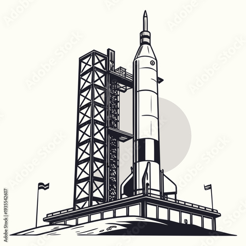 Black and white of a rocket on a launchpad space aerospace