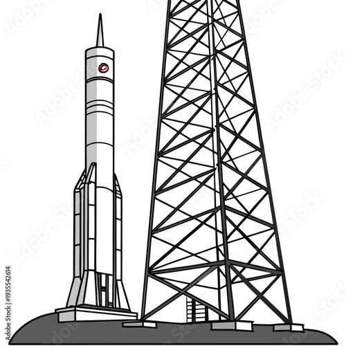 Rocket on launchpad with tower spacecraft launch tower