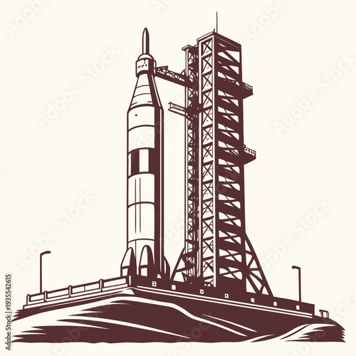 Rocket on launchpad with service tower spacecraft aerospace 1
