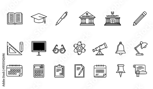 Thin Line Education Icon Set Vector Book University Graduation and School Outline Icons Isolated on White