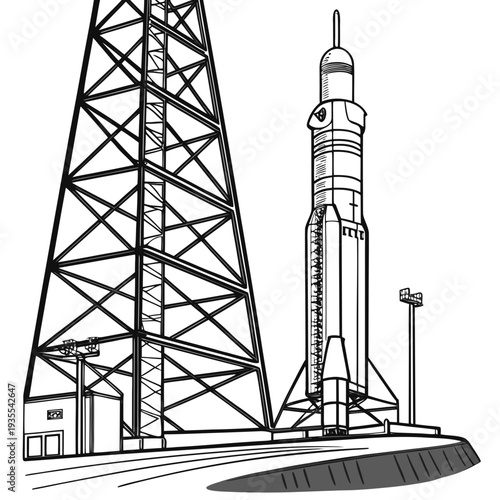 Black and white of rocket on launchpad with tower space