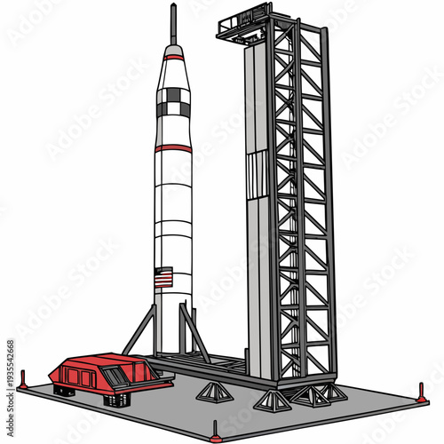 Rocket on launchpad with service tower and vehicle