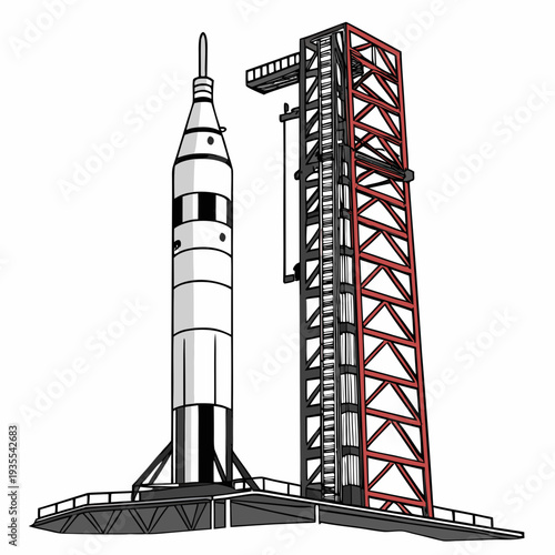 Space Launch Rocket on Launchpad with Service Tower