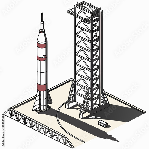 Isometric view of rocket on launch pad with service tower