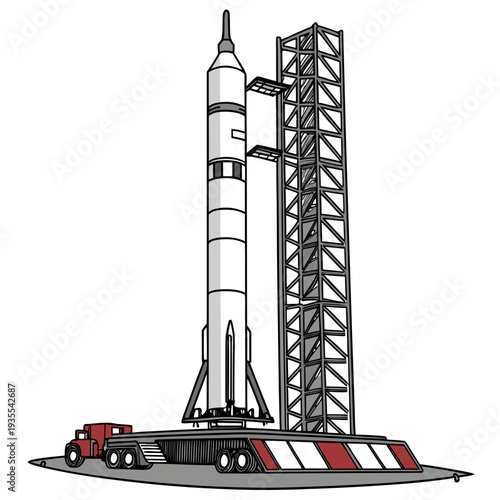Rocket on launchpad with tower and transporter spacecraft