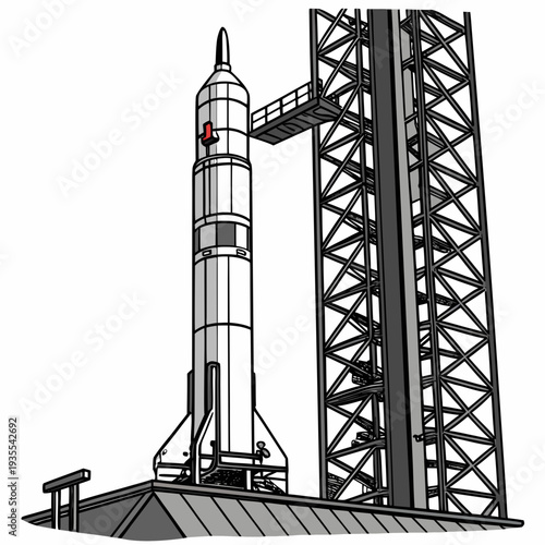 Space launch rocket on launchpad with tower spacecraft