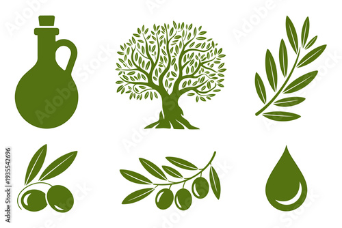 Olive tree and oil icons set