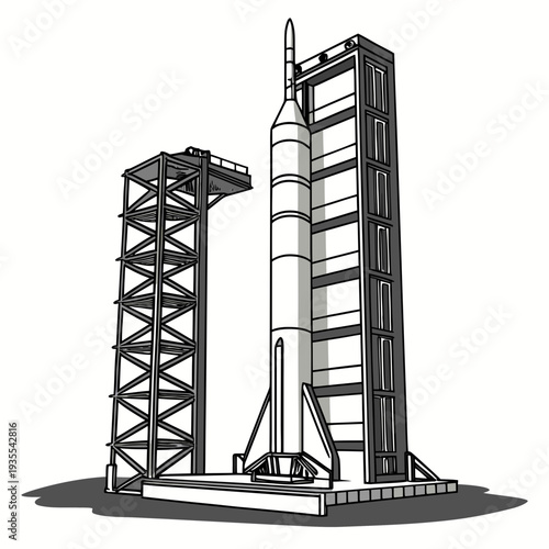 Of rocket on launchpad with service tower space spacecraft