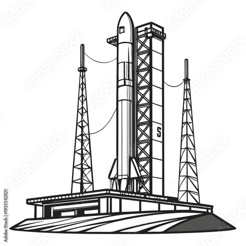 Of rocket on launchpad with towers space technology