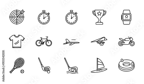Thin Line Sports and Fitness Icon Set Vector Target Trophy Bike and Outdoor Activity Outline Icons Isolated on White