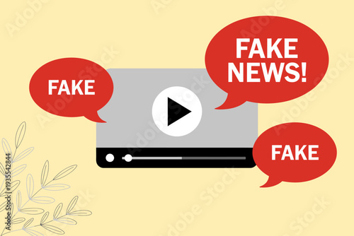 Fake news concept with video player  misinformation warning signs