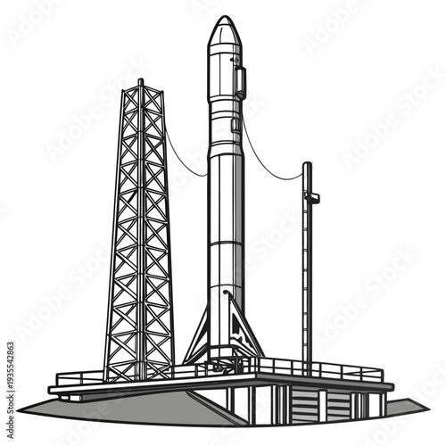 Of rocket on launchpad with service tower space technology