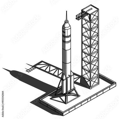 Vertical rocket on launchpad with service tower spacecraft 1