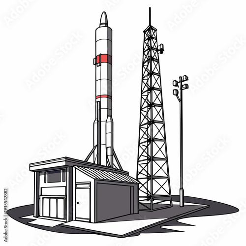 Vertical rocket on launchpad with control tower and shelter