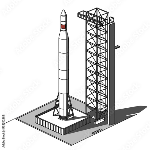 Vertical rocket on launchpad with service tower aerospace