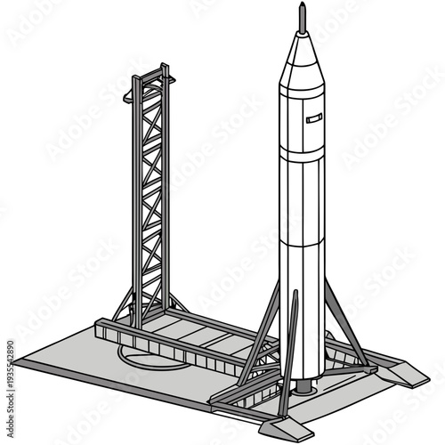 Grayscale of a rocket on a launchpad spacecraft metal