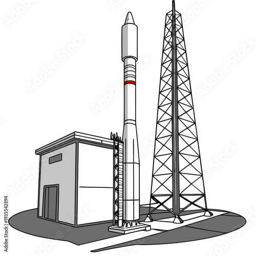 Vertical rocket on launchpad with tower and building