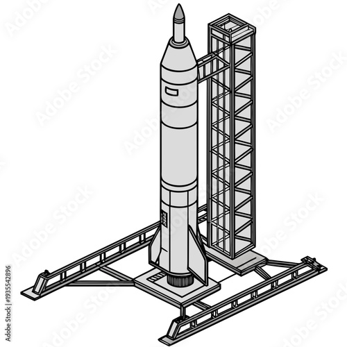 Gray rocket on launchpad with tower space metal