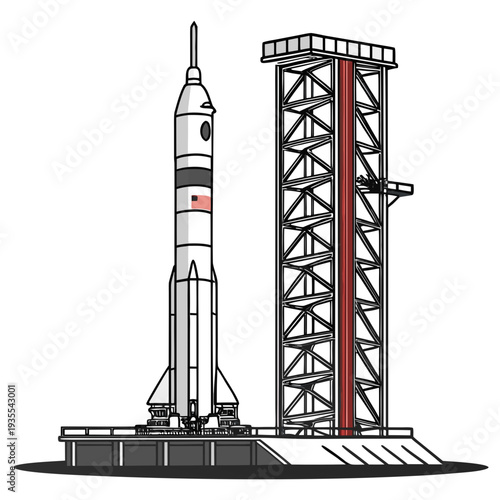 White rocket on launchpad with tower spacecraft launch vehicle