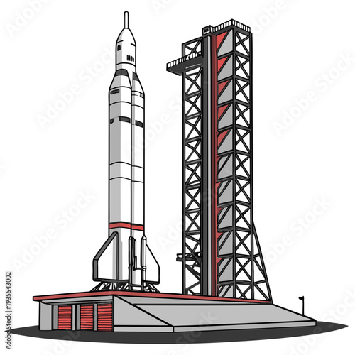 Rocket on launchpad with service tower space launch vehicle