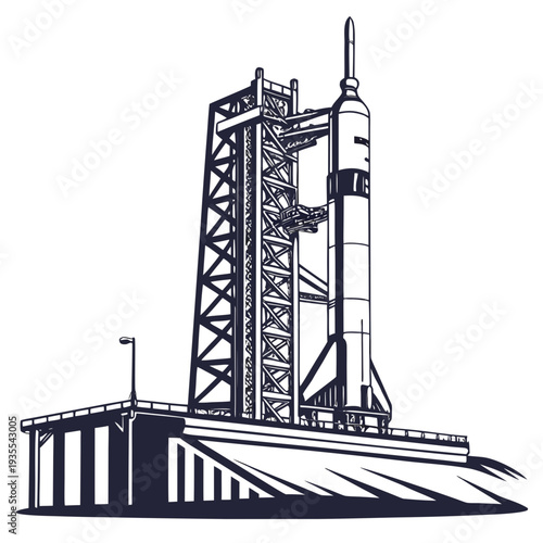 Navy blue of rocket on launchpad with service tower