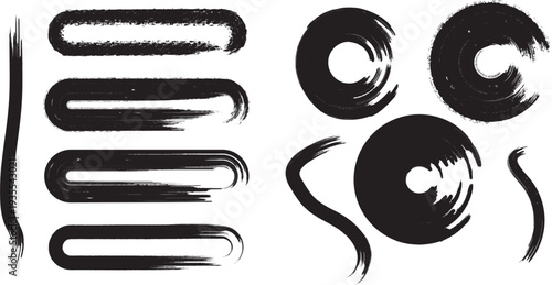 A versatile set of hand-drawn black brush strokes and paint marks, presented on a stark white background. This collection features a variety of expressive shapes, including elongated rounded rectangle