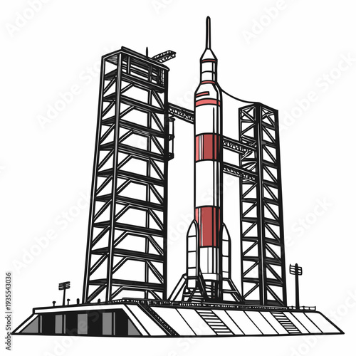 Rocket on launchpad with service towers space aerospace