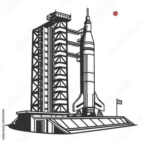 Black and white of a rocket on a launchpad space shuttle