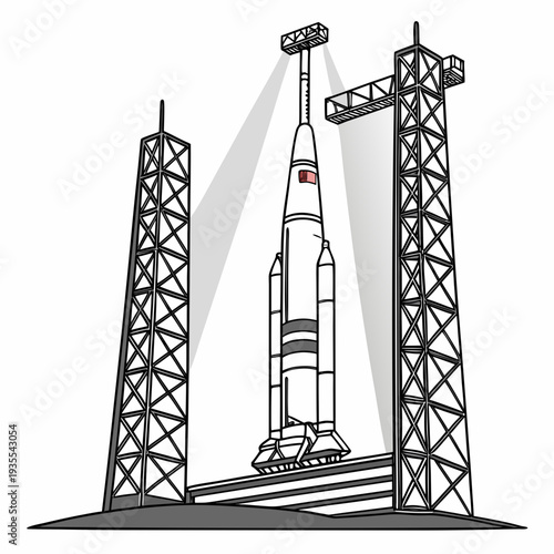 Rocket on launchpad with service towers space spacecraft 1