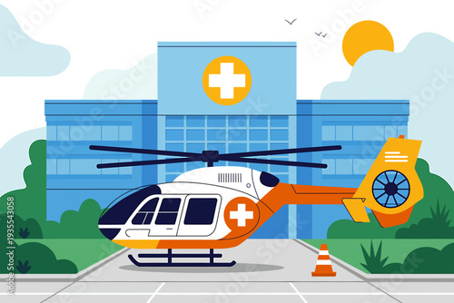 Ambulance helicopter in front hospital  medical transport